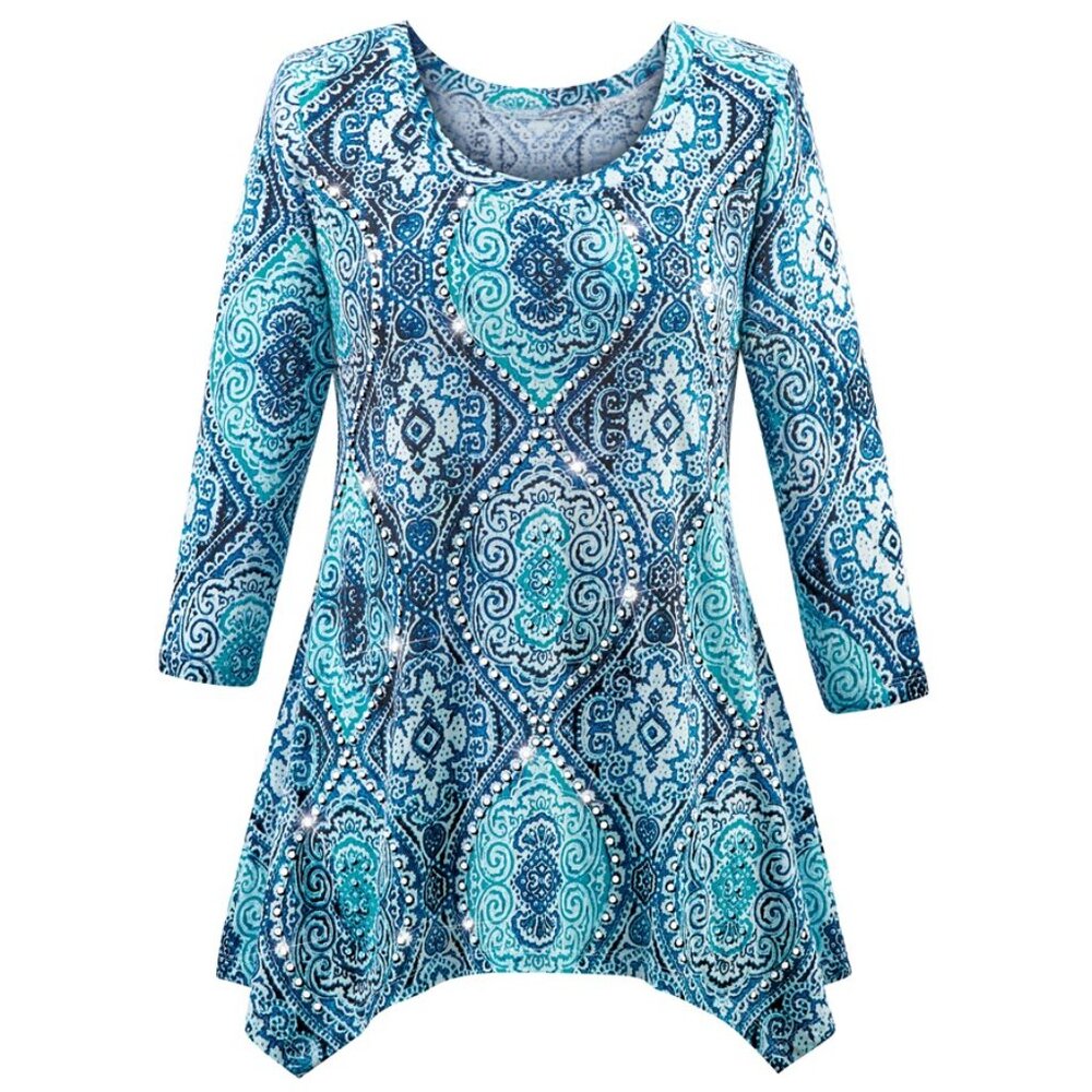 New XXL Blue & Aqua Sparkling Sequin Embellished Medallion SharkBite Knit Tunic